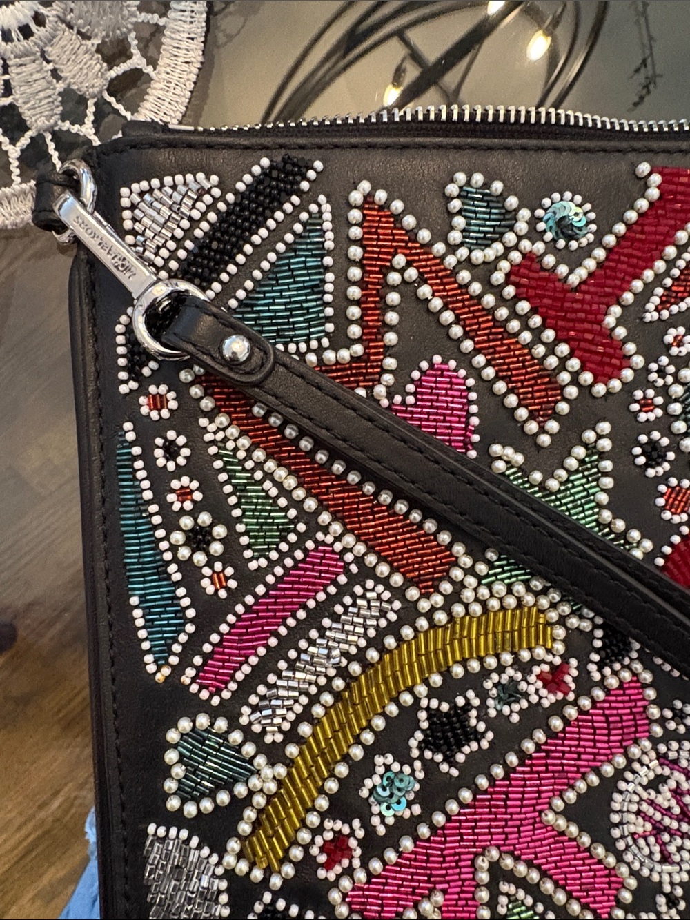 Michael Kors Black Beaded Graphic Zip Clutch with Multicolor Accents - Picture 6 of 7